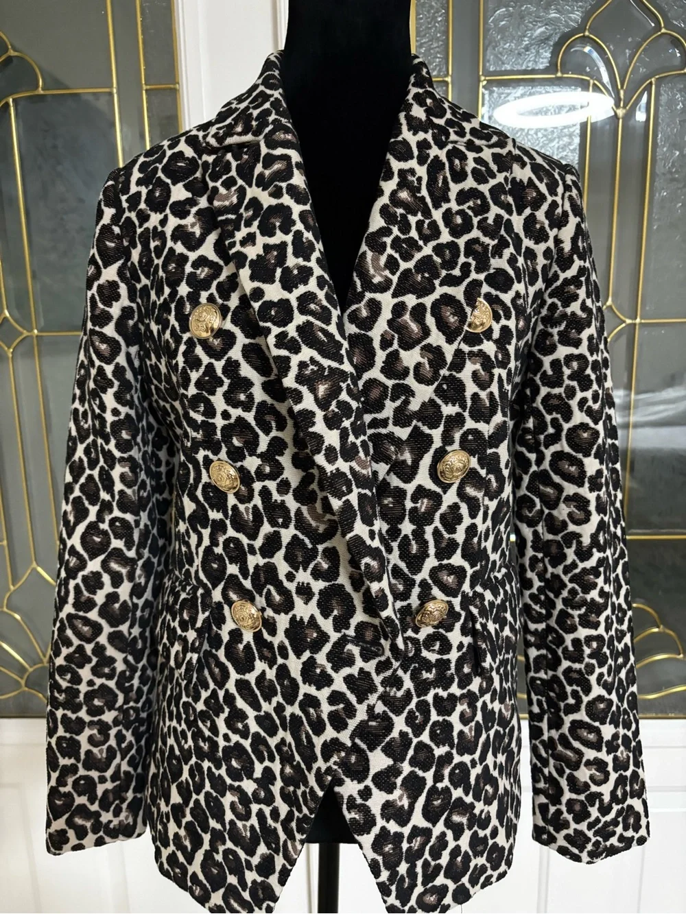 Boston Proper Brown & White Leopard Double-Breasted Blazer